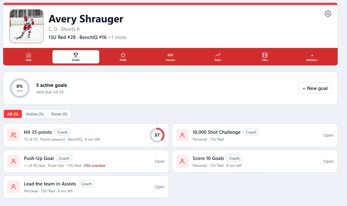 The Goals tab: coach-set and personal goals with live progress rings, due dates and an overdue flag